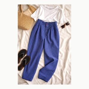 Textured Stripe Vintage Trousers High Rise Pleated Cotton Pants